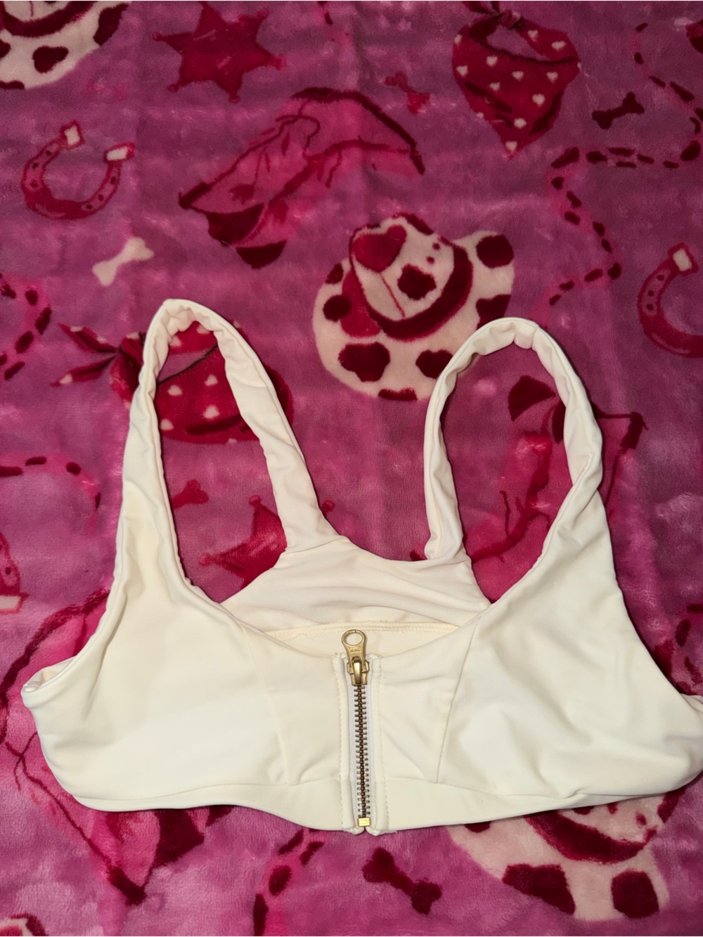 Beach Bunny White Front-Zip Bikini Top with Gold Hardware